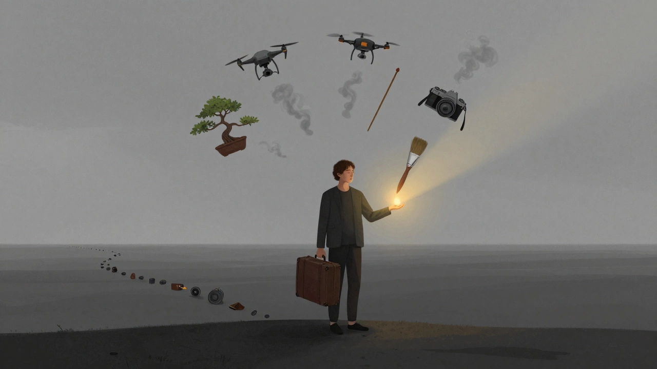 A person standing in an empty landscape, letting go of floating hobby objects as they dissolve into smoke, with a single beam of light on their hand.