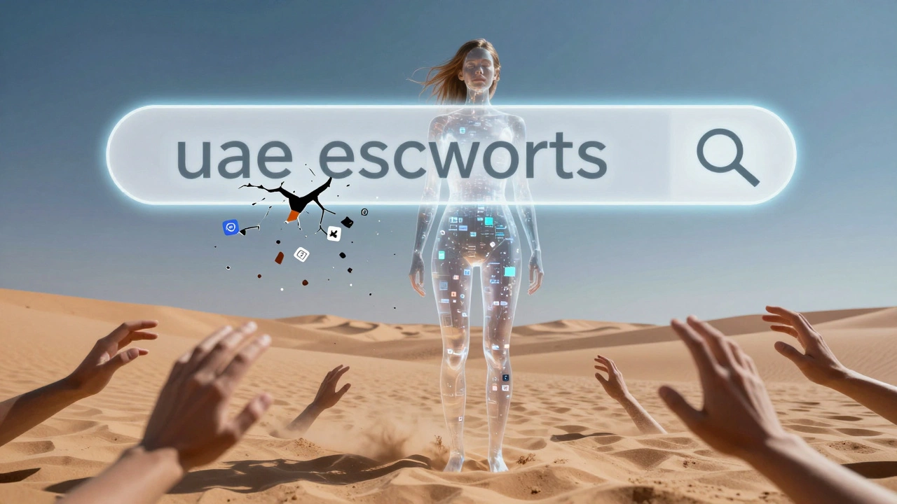 A transparent woman made of digital fragments stands in the desert as search terms crumble around her.