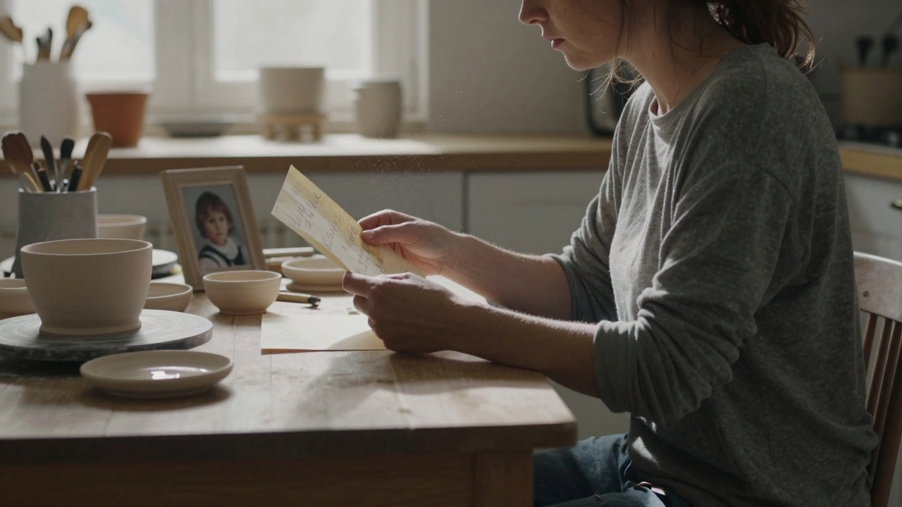 A woman holding a tear-stained letter in a quiet kitchen, surrounded by unused pottery tools and a photo face-down on the table.